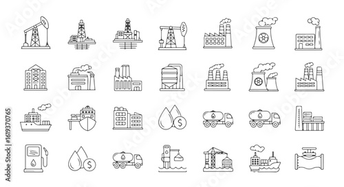 Energy and fossil fuel infographic elements. A line icon set for visualizing the oil and gas supply chain, from resource extraction to consumption.

