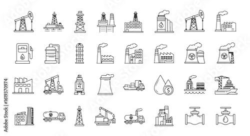 Oil extraction and production line icons. A set of symbols representing the upstream energy sector, including onshore pumpjacks and offshore rigs.


