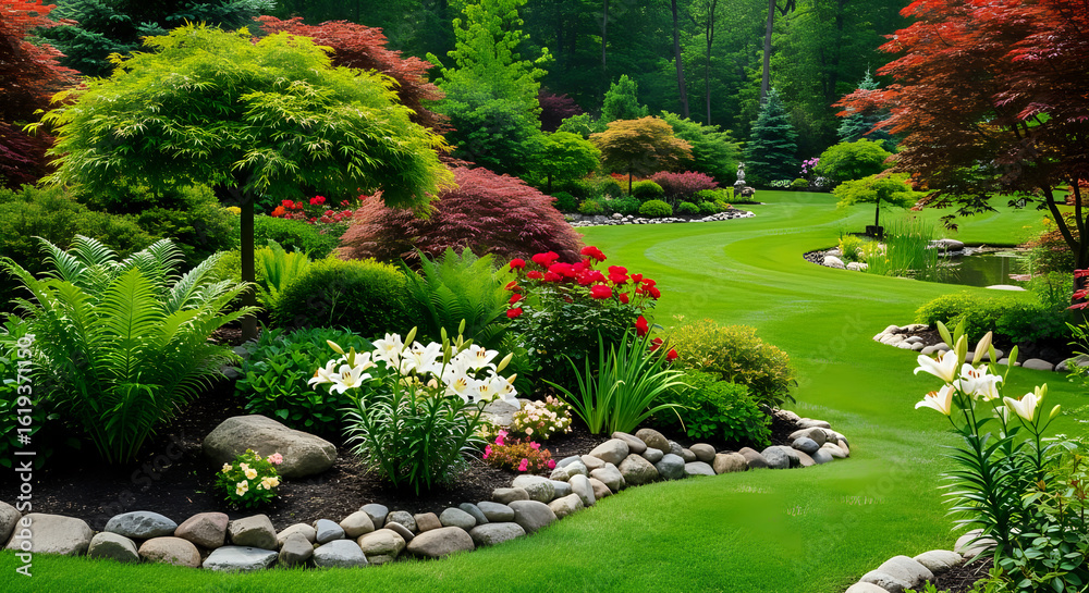 Fototapeta premium Discover serenity in this meticulously manicured Japanese garden featuring vibrant red roses, elegant white lilies, lush ferns, and gracefully curved lawns leading to a tranquil pond.