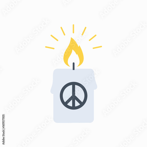 A stylized candle with a peace symbol, burning brightly against a white background.