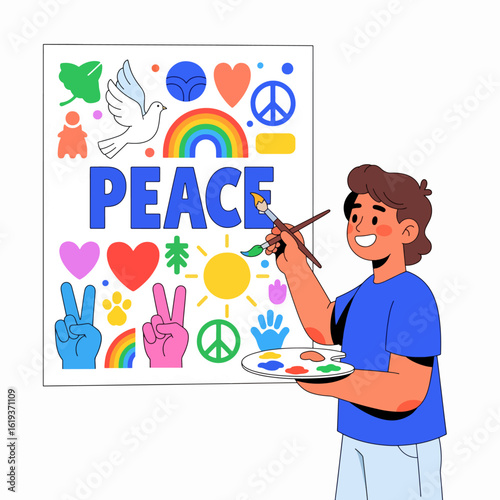 Happy boy paints a vibrant peace poster filled with symbols of harmony and love.