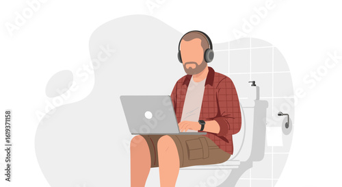 Man working on laptop while sitting on toilet - humorous illustration for website or social media.