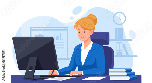 Businesswoman working at her desk, perfect for website banners or business brochures.