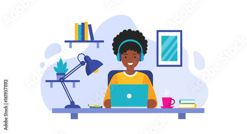 Happy young woman working from home on laptop, perfect for website banners or blog posts about remote work.