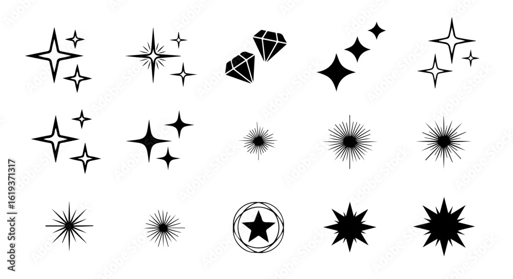 Fototapeta premium Abstract glowing light and glitter effects pack. Various vector symbols representing bright flashes, glints, and shiny surfaces.