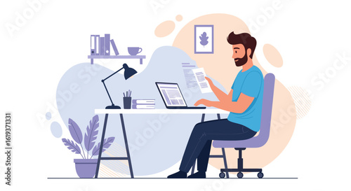 Man working from home at his desk, reviewing documents and using laptop - perfect for remote work, freelance, or productivity blog.