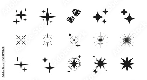Minimalist star and sparkle silhouette icons. A massive collection of simple black and white decorative graphics.

