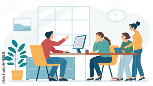 Teamwork and Collaboration: Diverse team working together on a project in a modern office. Ideal for presentations, websites, and marketing materials.