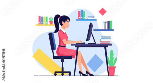 Young woman working at her desk, perfect for websites, presentations, or brochures related to work, business, or office life.