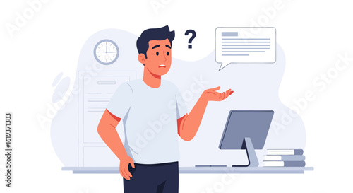 Confused man looking at computer screen, questioning document - perfect for website design or blog post about problem-solving.