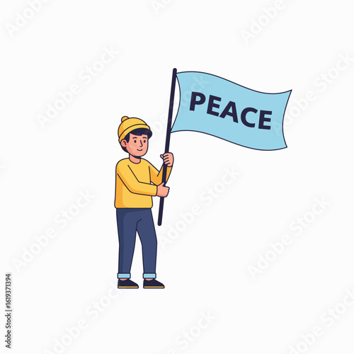 A young man holds a light blue flag with the word "PEACE" written on it, standing against a white background.