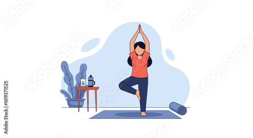 Woman practicing yoga at home, perfect for wellness websites or fitness apps.