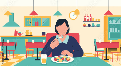 Woman enjoying a healthy salad in a stylish cafe - perfect for restaurant menus or healthy eating blogs.