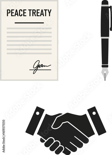 A signed peace treaty agreement symbolized by a document, pen, and handshake.