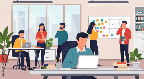 Busy Office Workers Collaborating, Perfect for Website Landing Pages or Business Brochures