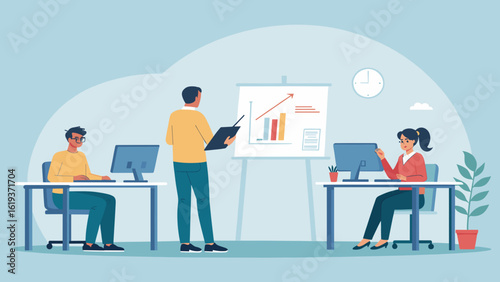 Teamwork and business presentation: Diverse colleagues collaborating on a project, ideal for website landing pages or business brochures.