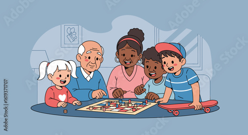 Multigenerational Family Playing a Board Game Together - Perfect for Family, Bonding, and Generational Connection Themes.