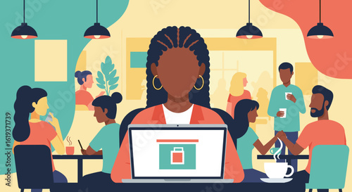 Diverse group of people working and socializing in a modern cafe, perfect for website banners or social media posts.