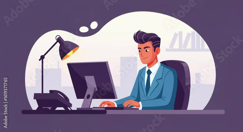 Businessman working at his computer in a modern office. Ideal for websites, presentations, and marketing materials.