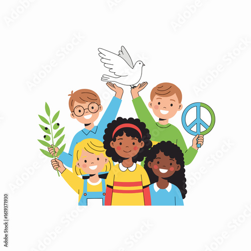 Diverse children holding symbols of peace, including a dove and olive branch, united in a peaceful scene.
