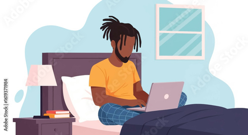 Man working on laptop in bed - perfect for articles on remote work, work-life balance, or freelance lifestyle.