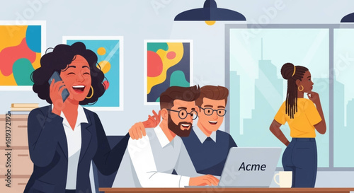 Happy diverse business team collaborating on a project, perfect for website banners or marketing materials.