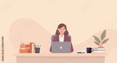 Businesswoman working on laptop at desk, perfect for website banners or blog posts about remote work.