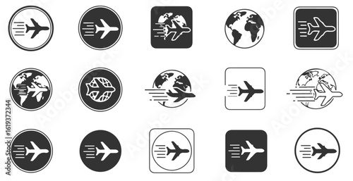 World travel and globe trotter logo elements. A set of earth and plane icons for businesses related to global exploration.

