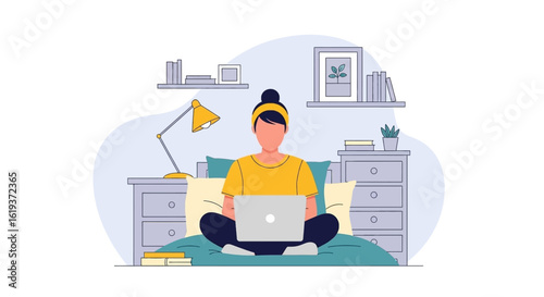 Woman working on laptop from bed, perfect for illustrating work from home, remote work, or online learning concepts.
