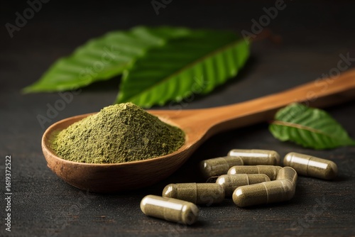 Kratom (Mitragyna speciosa) extract in capsules and on a wooden spoon sits next to it , on black background , Generative AI
