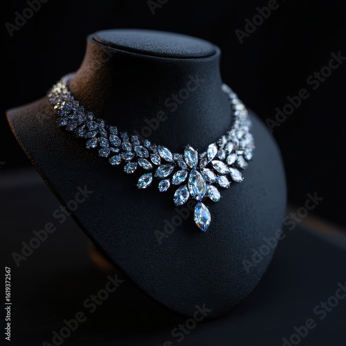 Necklace displayed on stand. Isolated, jewelry store ad copy, dark background