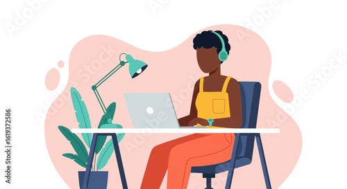 Black woman working from home on laptop, perfect for remote work, freelance, or online business blogs and websites.