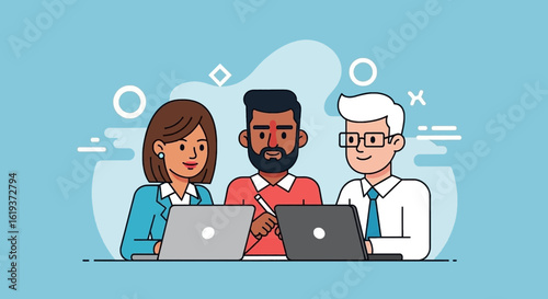 Diverse team collaborating on laptops, ideal for teamwork, technology, and diversity marketing materials.
