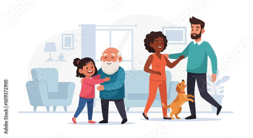 Happy multigenerational family with a dog at home. Perfect for family, togetherness, and love themes.