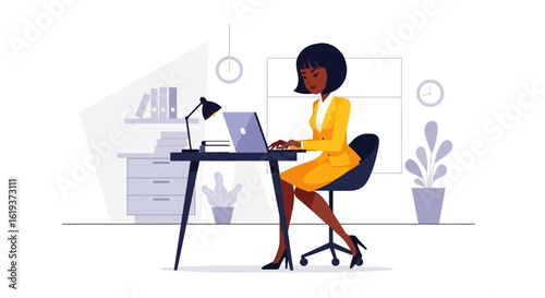 African American businesswoman working on laptop in modern office - perfect for websites and marketing materials.