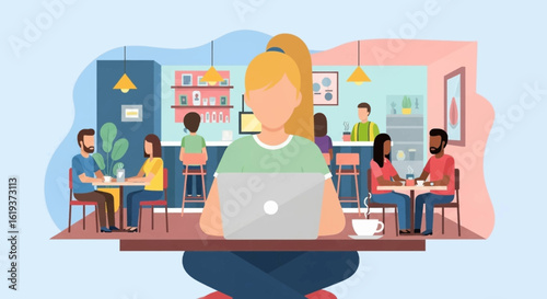 Woman working on laptop in a busy cafe, perfect for website banners or blog posts about remote work or coffee shop culture.