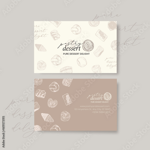 Minimalist Pastry and Dessert Business Card Design. A professionally designed business card template. Perfect for cafes, bakers, sweet shops, or artisan dessert businesses.