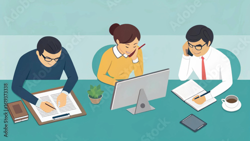 Teamwork and Collaboration: Illustrative vector of colleagues working together in an office setting. Ideal for websites, presentations, and reports.
