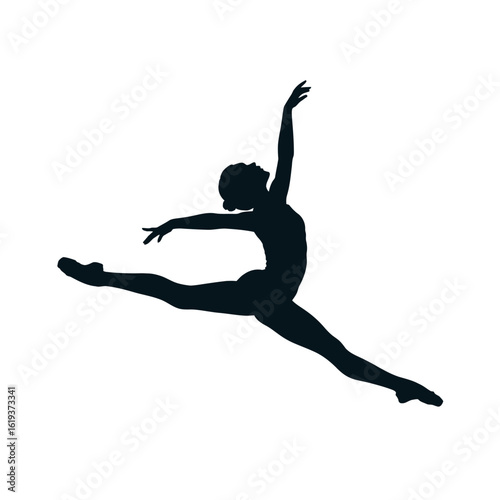 Silhouette of a ballet dancer performing a grand jet isolated on white background