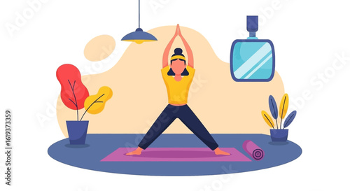 Woman practicing yoga at home, perfect for wellness websites or brochures.