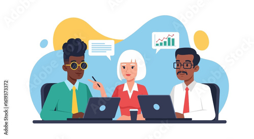 Diverse business team collaborating on laptops, perfect for website banners or presentations.