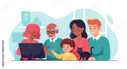Happy multigenerational family using computer together at home, perfect for family, technology, and connection themes.