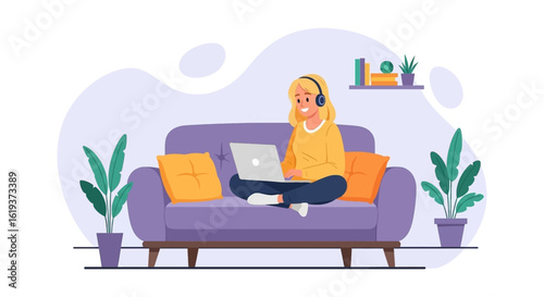 Woman working from home on laptop, perfect for blog posts about remote work or freelance lifestyle.
