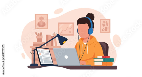 Person studying online at home with laptop, headphones and books. Perfect for online education, e-learning websites and blogs.