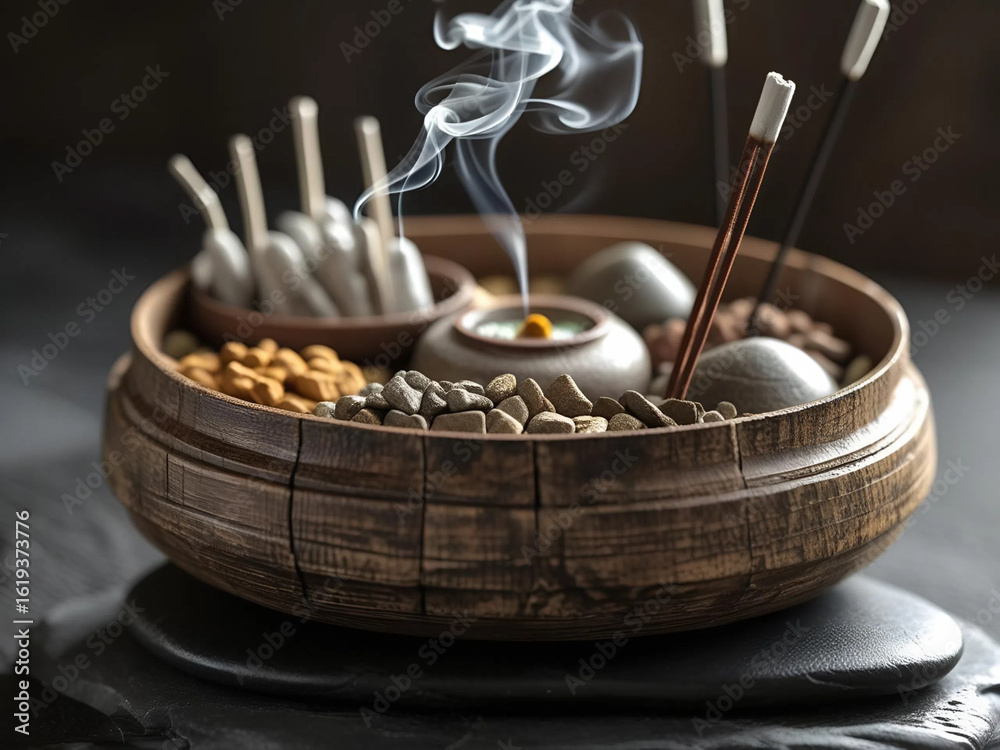 Fototapeta premium traditional ritual with natural herbal concoctions in circular wooden containers combined with incense and miniature spiritual symbols