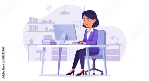Businesswoman working on computer in modern office - perfect for website banners, brochures, or presentations.