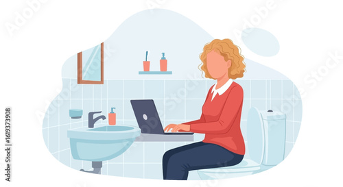 Woman working on laptop in bathroom, illustration for articles about work-life balance or remote work challenges.