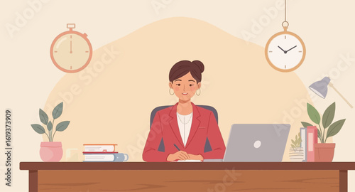 Businesswoman working at her desk, perfect for website banners, brochures, or presentations.