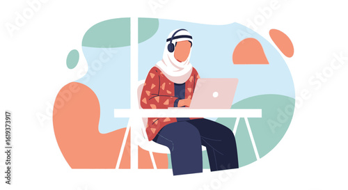 Muslim woman using laptop, perfect for website banners, brochures, and social media posts about remote work or online education.