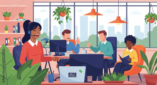 Happy diverse team working in a modern office, perfect for website banners or brochures.